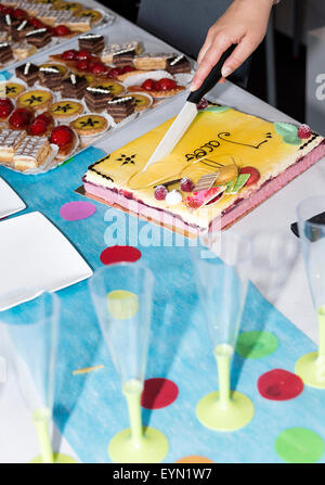 Una selezione di coloratissimi Iced Cakes steso su un tavolo a una festa di battesimo a Riepeyroux Midi-Pirenei Francia Foto Stock