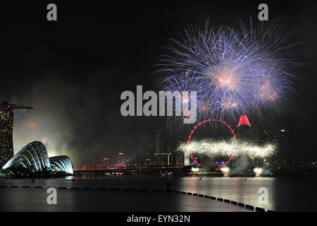 Singapore. 1 agosto, 2015. Coloratissimi fuochi d'artificio illuminano la skyline di Singapore durante il Giubileo d oro Giornata Nazionale Parade (NDP) Anteprima su Agosto 1, 2015. Singapore ha tenuto un Giubileo d oro NDP anteprima come parte della celebrazione del suo cinquantesimo anniversario dell indipendenza del sabato. Credito: Quindi Chih Wey/Xinhua/Alamy Live News Foto Stock