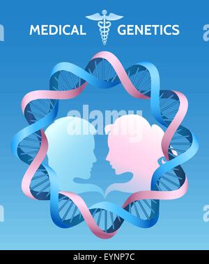 Genetica Medica o medico di famiglia modello. Sagome di giovane ed elica di DNA. Illustrazione Vettoriale