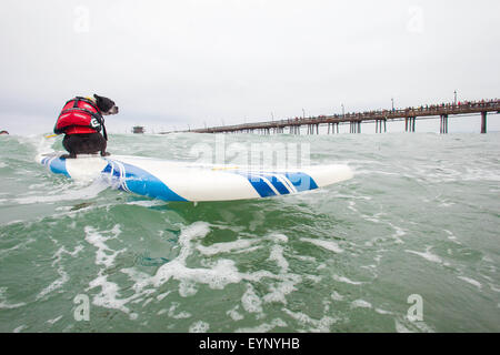 Imperial Beach, CA, Stati Uniti d'America. 1 agosto, 2015. Mondo FamoUSA scatenata dal Petco Surf cane la concorrenza. I cani concorrenti provenivano da tutto il paese per competere nella perfetta onde Imperial Beach. La spiaggia era affollata con su guardato, gli amanti del cane e surfers uguali. Ci sono stati più categorie da i cani di piccola taglia a grandi e un evento in tandem. Visto qui: Burri, razza Boston Terrier Credito: Daren Fentiman/ZUMA filo/Alamy Live News Foto Stock