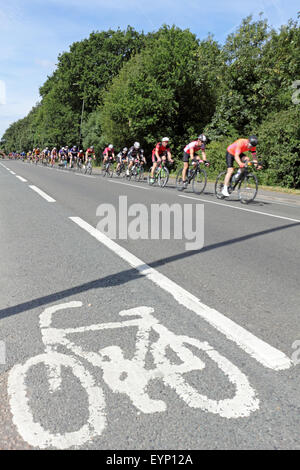 Esher, Surrey, Inghilterra, Regno Unito. Il 2 agosto 2015. I ciclisti dilettanti che partecipano alla Corsa prudenzialiLondon-Surrey 100. La 100 Miglia di sfida è lungo lo stesso percorso come i professionisti, con l'incentivo aggiunto per la raccolta di fondi per una buona causa. Un gruppo di ciclisti passare lungo il Portsmouth Road in direzione di Kingston sul homeward gamba della corsa. Foto Stock