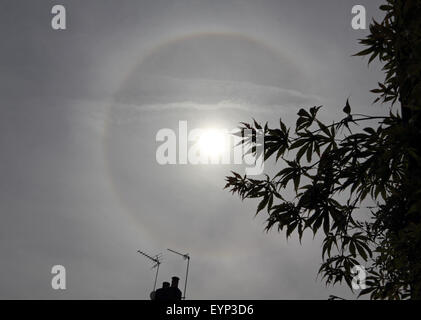 Epsom Surrey, Regno Unito. Il 2 agosto, 2015. Due rari fenomeni ottici erano visibili nel cielo di Epsom Surrey oggi. In primo luogo come una valle di sottile derive cloud attraverso il cielo, un alone è visibile intorno al sole. La circolare (o 22 gradi) alo è un fenomeno ottico prodotto dalla luce che interagisce con i cristalli di ghiaccio in sospensione nell'atmosfera, creando un effetto arcobaleno intorno al sole. Questa è stata seguita da un arco circumhorizontal che è molto più raro. Credito: Julia Gavin UK/Alamy Live News Foto Stock