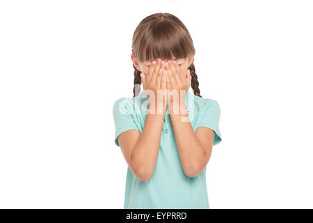 Bambina con due trecce isolato su bianco Foto Stock