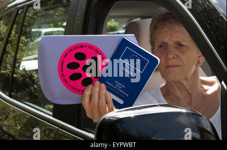 Unione europea animali domestici un passaporto in corso di validità e il pet a bordo adesivo utilizzato quando si viaggia tra i paesi con i vostri animali domestici auto conducente Foto Stock