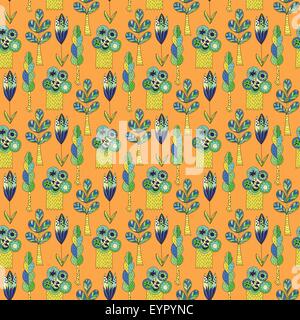 Orange seamless doodle pattern con lo schizzo della foresta di stile Illustrazione Vettoriale
