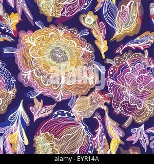 Modello senza cuciture con colorati effetto acquerello crisantemo fiori di contorno su un profondo sfondo viola Illustrazione Vettoriale