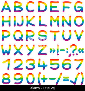 Rainbow alfabeto colorato - lettere, numeri, caratteri - illustrazione su sfondo bianco. Foto Stock