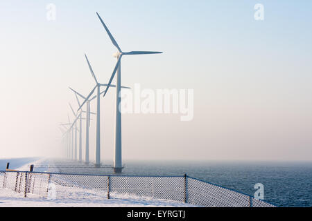 Sulle turbine eoliche offshore nel Mare Olandese, scomparendo in inverno haze; davanti un recinto coperto dalla trasformata per forte gradiente frost Foto Stock