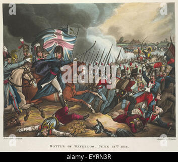 Le guerre di Wellington, una poesia narrativa. - Didascalia: 'La Battaglia di Waterloo, 18 giugno 1815. Raffigurante Arthur Wellesley, il Duca di Wellington. La sconfitta delle truppe francesi di Napoleone Bonaparte. L'ultima grande battaglia delle guerre napoleoniche.' Le guerre di Wellington, una poesia narrativa - didascalia " Foto Stock