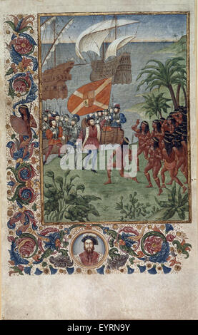 Un'immagine senza titolo che mostra l'atterraggio di Hernando Cortés in Messico nel 1519. La fotografia mostra un ritratto dell'incontro tra Cortés e i popoli nativi, circondato da bordi decorativi e un ritratto medaglione di Cortés. Foto Stock