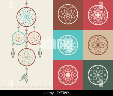 Set di dream catcher boho colorata linea piatta icone di stile illustrazione. Ideale per t-shirt timbro, stampare poster e biglietto di auguri Illustrazione Vettoriale