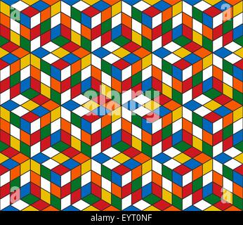 Magia cubo retrò 80s seamless pattern illustrazione dello sfondo. Ideale per il disegno di tessuto, per la copertina del libro e della carta da imballaggio stampa. Illustrazione Vettoriale