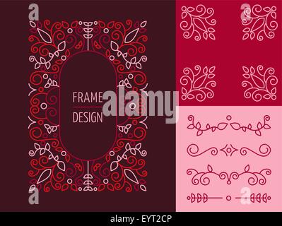 Retro Vintage hipster set di design della linea monogram cornici e bordi in stile floreale. Ideale per il biglietto di auguri e il brand design Illustrazione Vettoriale