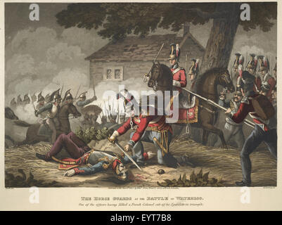 Illustrazione intitolata "Horse Guards at Waterloo", raffigurante le figure militari e le scene della battaglia di Waterloo. Foto Stock