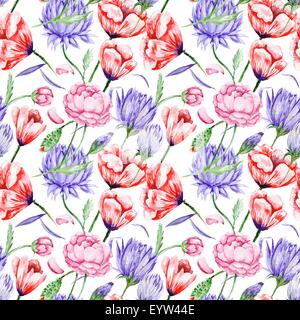 Brillante background senza giunture con rose e peonie, papaveri in viola e colori rosso fro wallpaper, tessile e disegni Foto Stock