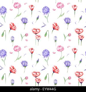 Brillante background senza giunture con rose e peonie, papaveri in viola e colori rosso fro wallpaper, tessile e disegni Foto Stock