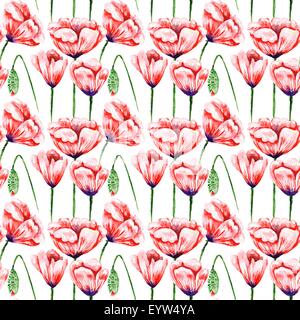 Acquerello Seamless texture con fiori di colore rosso isolato su sfondo bianco per i tessili, carta da parati, design di estate Foto Stock