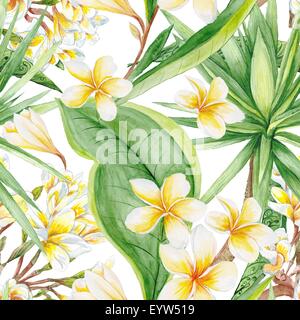 Dipinte a mano e acquerello illustrazione botanico con fiori di plumeria e yucca tree, piastrella senza giunture Foto Stock