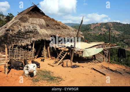 Cottage tipici in un villaggio di montagna della tribù di Ann, in corrispondenza del pin Tauk, Stato Shan Triangolo Dorato, Myanmar Foto Stock