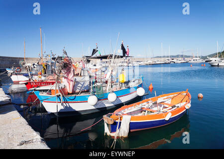Porto di Marciana Marina con barche da pesca, Marciana Marina, Isola d'Elba, Provincia di Livorno, Toscana, Italia, Mediterranea Foto Stock