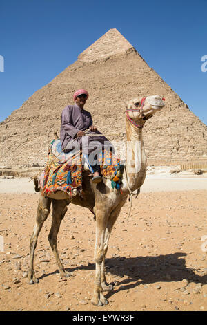 Uomo locale sul cammello davanti alla Piramide di Chephren, le Piramidi di Giza, UNESCO, Giza, vicino a Il Cairo, Egitto, Africa Settentrionale, Africa Foto Stock