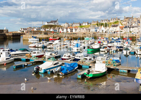 Barche nel porto a Findochty sulla costa di Moray in Scozia Foto Stock