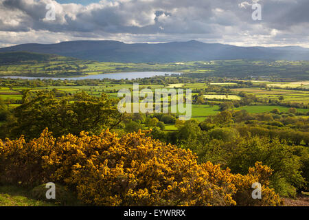 Vista sul lago Llangorse a Pen Y la ventola dalla Mynydd Troed, Llangorse, Parco Nazionale di Brecon Beacons, Powys, Wales, Regno Unito Foto Stock