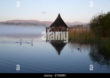 Lago Llangorse e Crannog isola nella nebbia mattutina, Llangorse, Parco Nazionale di Brecon Beacons, Powys, Wales, Regno Unito, Europa Foto Stock