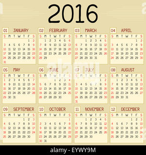 Un calendario mensile per l'anno 2016. Un custom stile manoscritta è utilizzato. Foto Stock