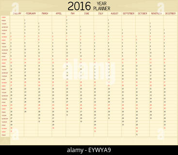 Un planner annuale calendario per l'anno 2016. Un custom stile manoscritta è utilizzato. Foto Stock