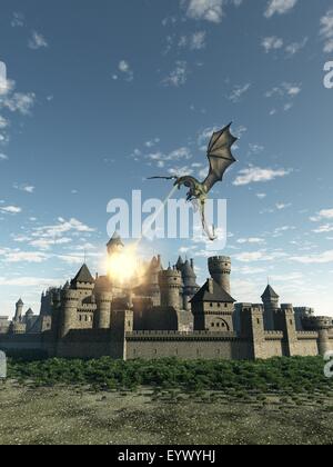 Dragon attaccando un medievale città murata Foto Stock