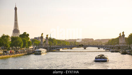 Torre Eiffel dal ponte Alexandre III a Parigi, Francia Foto Stock