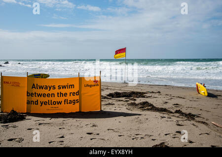 Surf lifesaving, flag di avviso e le attrezzature sulla spiaggia pronto per l'uso dai bagnini RNLI Foto Stock