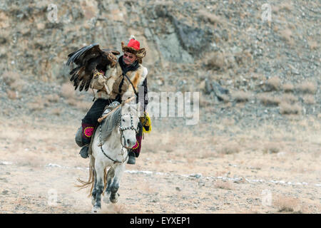 Eagle cacciatore e il suo uccello sull'esca Eagle Festival, Olgii, Mongolia occidentale Foto Stock