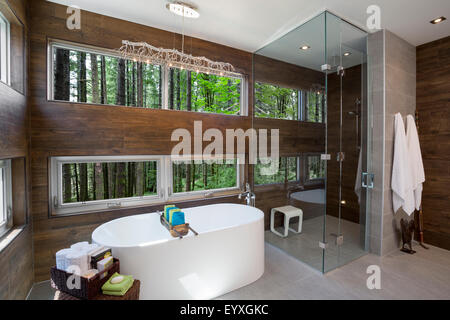 Bagno moderno con vista della foresta Foto Stock