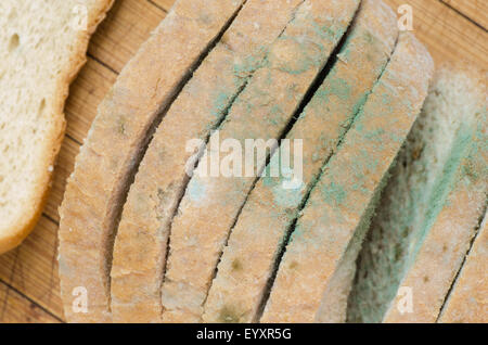 Ammuffito pane tagliato a fette e su sfondo di legno Foto Stock
