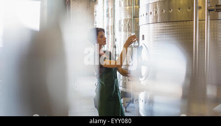 Test di vignaioli vino da acciaio inossidabile iva in cantina Foto Stock