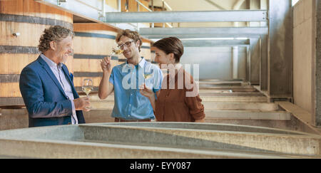 Amici Barile Degustazione vini in cantina Foto Stock