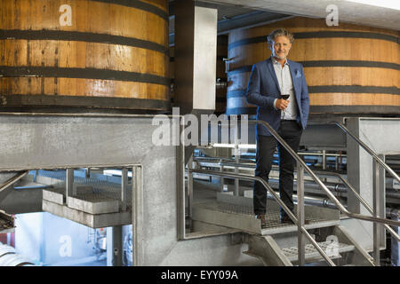 Ritratto fiducioso vignaiolo con un bicchiere di vino rosso sulla piattaforma in cantina Foto Stock