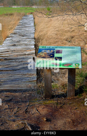 Planked sentiero info e segno di highmoor Huvenhoopsmoor, Germania, Bassa Sassonia Foto Stock