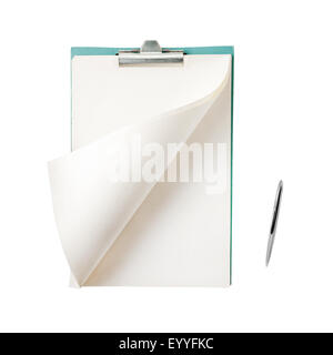 Vuoto il blocco note con penna isolati su sfondo bianco Foto Stock