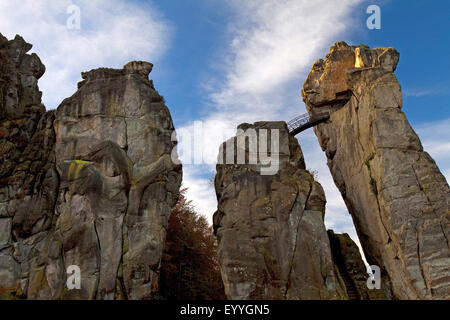 Externsteine, colonne di pietra arenaria con ponte della Foresta Teutoburg, in Germania, in Renania settentrionale-Vestfalia, East Westfalia, Horn-Bad Meinberg Foto Stock