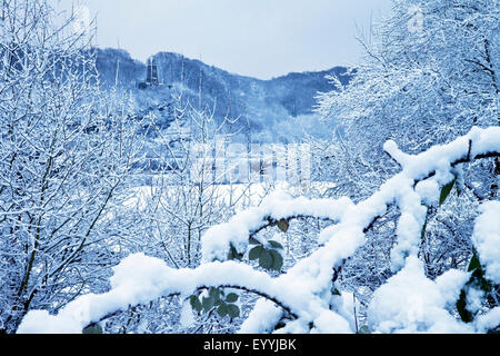 Snowy valle della Ruhr e Berger monumento in inverno, in Germania, in Renania settentrionale-Vestfalia, la zona della Ruhr, Witten Foto Stock