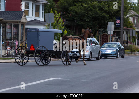 Amish buggies condividono la carreggiata in Lancaster County, PA. Foto Stock