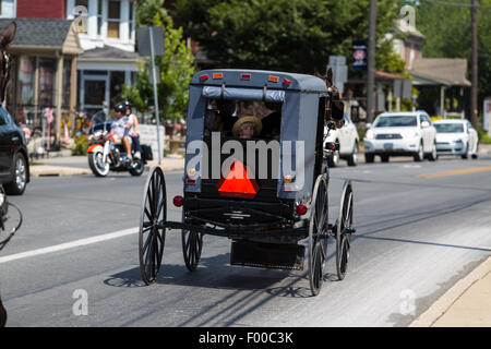 Amish buggies condividono la carreggiata in Lancaster County, PA. Foto Stock