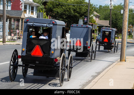 Amish buggies condividono la carreggiata in Lancaster County, PA. Foto Stock
