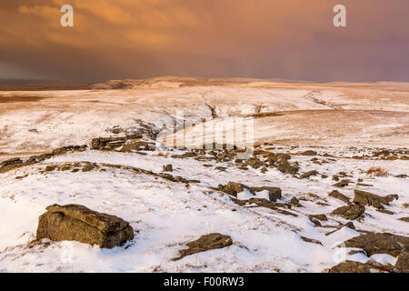 Una vista dal grande Mis Tor, Parco Nazionale di Dartmoor, Devon, Inghilterra, Regno Unito, Europa. Foto Stock