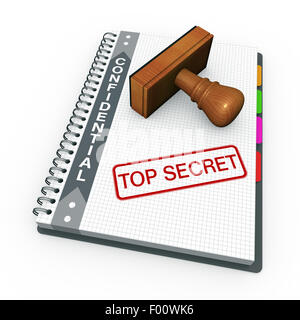 Notebook e timbro di gomma con la dicitura top secret Foto Stock