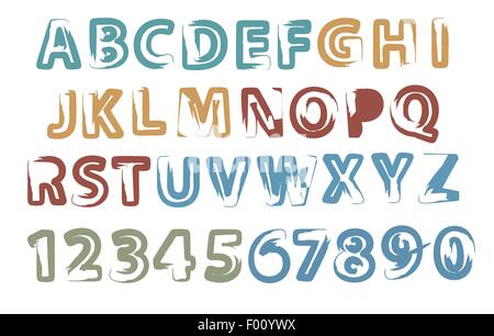 Dipinto di lettere latine piena alfabeto e cifre illustrazione vettoriale. Illustrazione Vettoriale