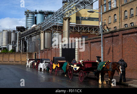 Cavalli e carrozze al di fuori della birreria Guinness, St James Gate, Dublino, Irlanda Foto Stock